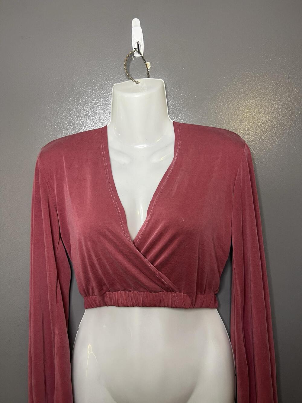 Lulus Blouse Womens Medium Pink Velour Wrap V Neck Open Back Cropped Top